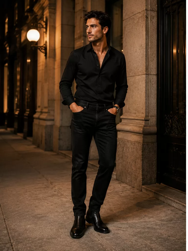Button-Down Shirt With Black Jeans With Chelsea Boots for club night outfit