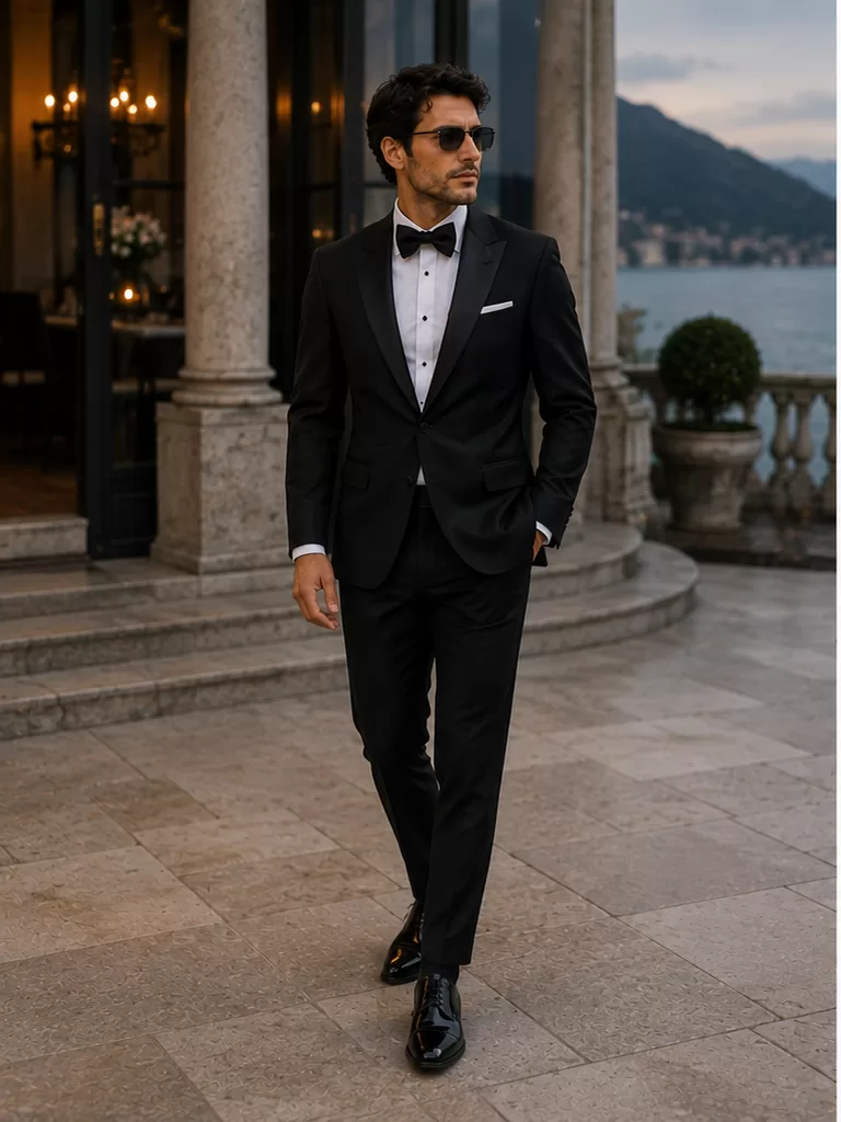 Black Tuxedo With White Dress Shirt With Bow Tie With Patent Shoes for black tie outfit