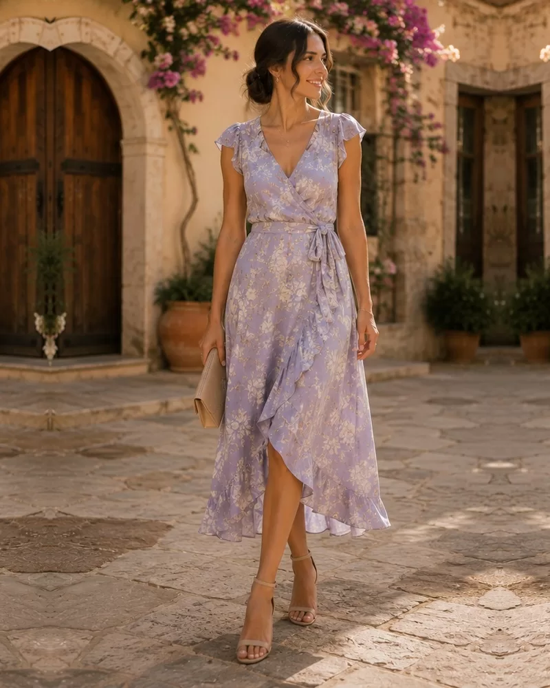 Lavender floral wrap midi dress with nude sandals for garden wedding