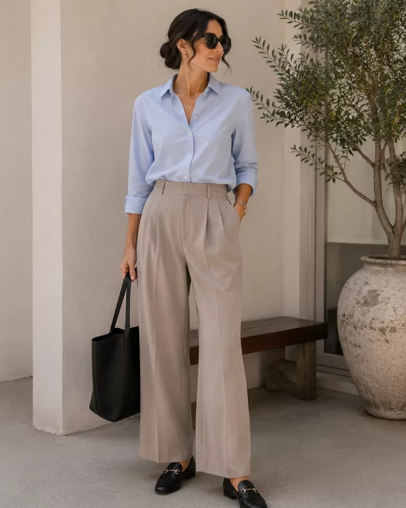 Button-down shirt with wide-leg trousers and loafers for creative office interview
