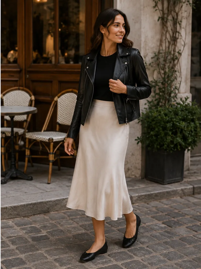 Midi skirt with fitted top and leather jacket with ballet flats for daytime date outfit