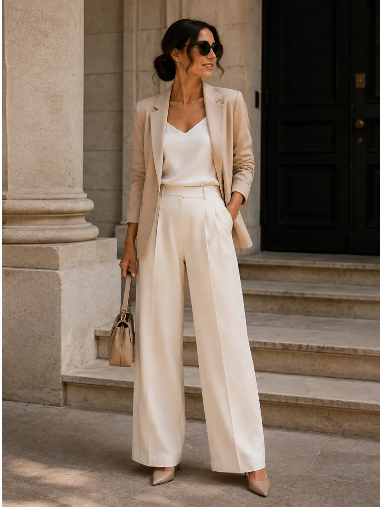 Blazer with camisole and wide-leg trousers with heels for office party outfit