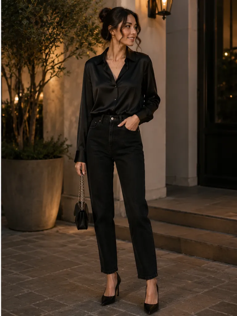 Satin blouse with black jeans and pointed-toe heels for date night outfit