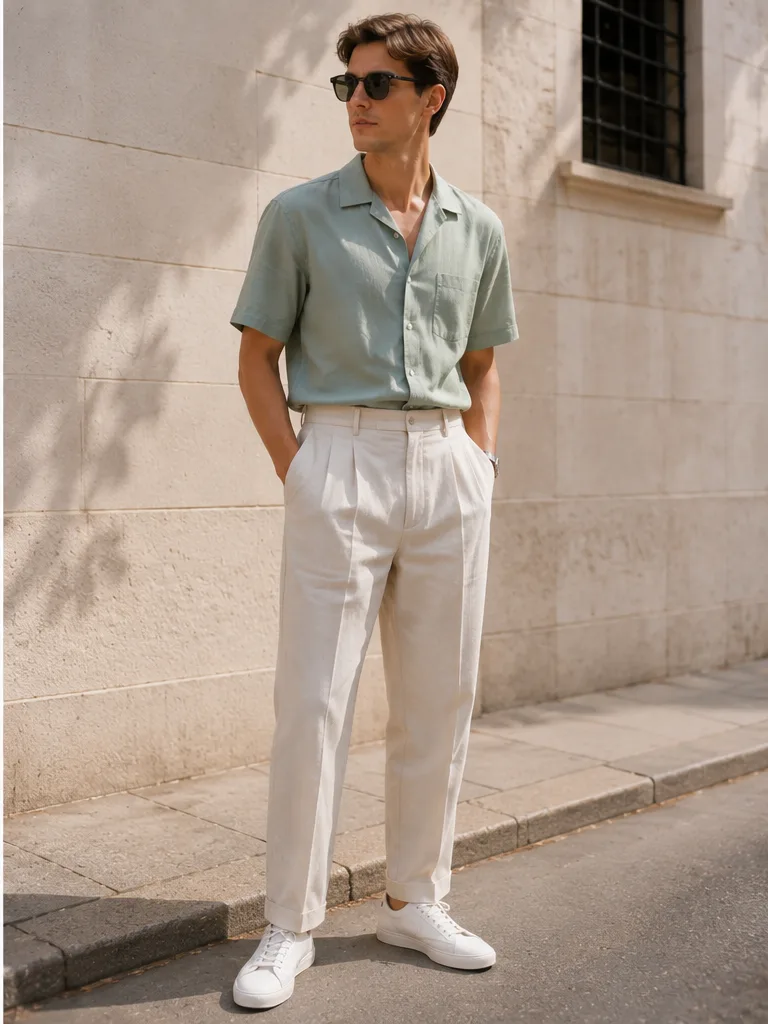 short-sleeve shirt with pleated trousers and minimal sneakers for city summer outfit