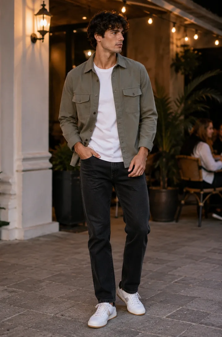 overshirt with plain t-shirt and straight-leg jeans with sneakers for casual gathering outfit