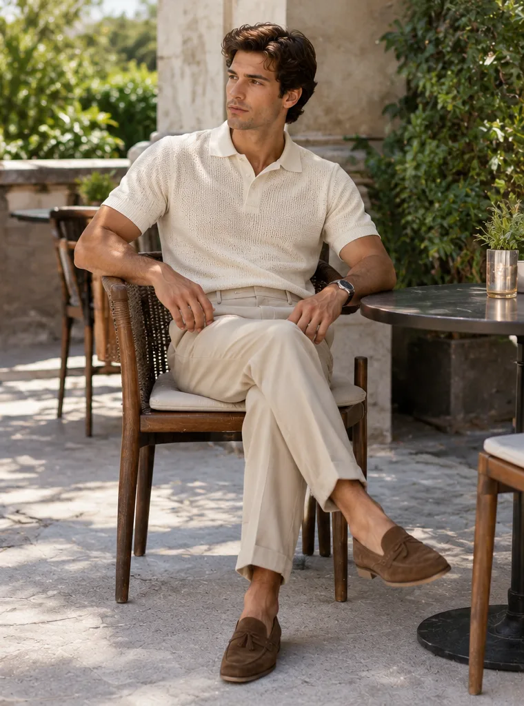 knit polo and pleated trousers and loafers for date-night outfit