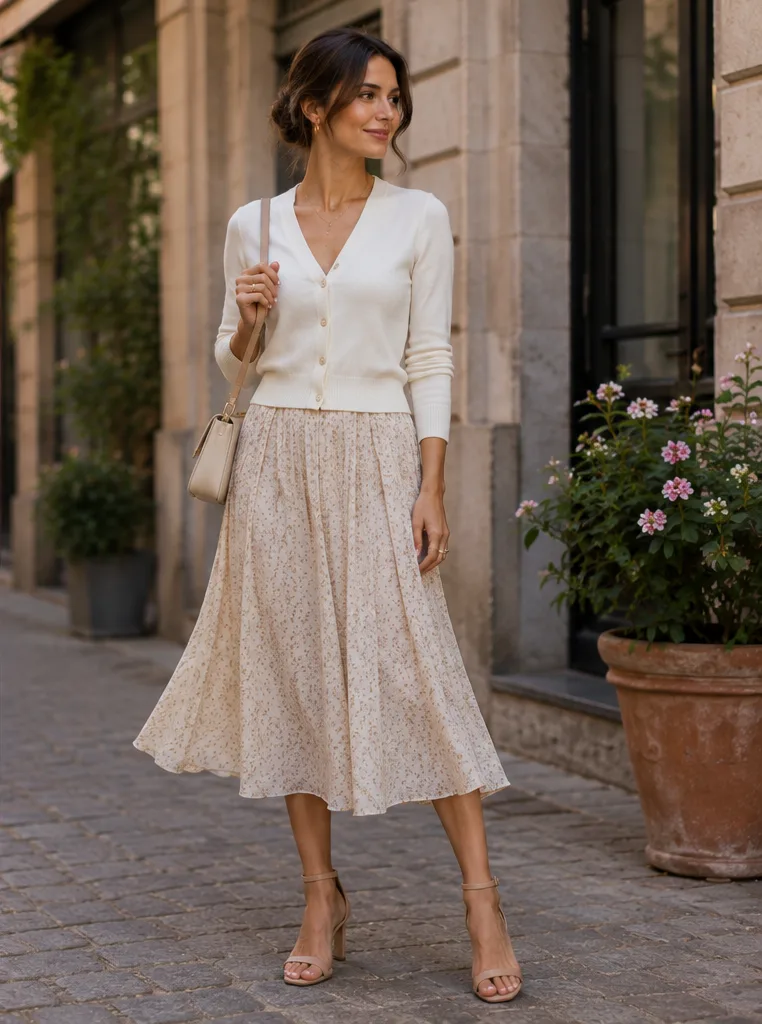 cardigan and midi skirt and ankle-strap heels for dinner outfit