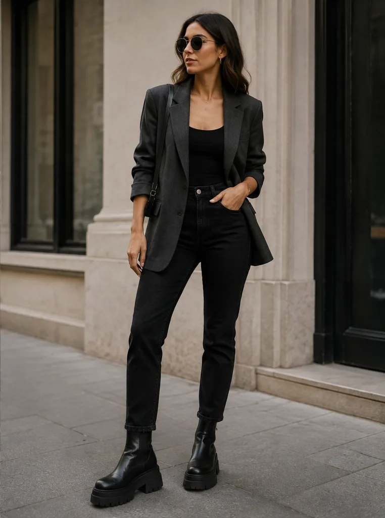 blazer and tank top and black jeans and platform boots for casual-offices outfit