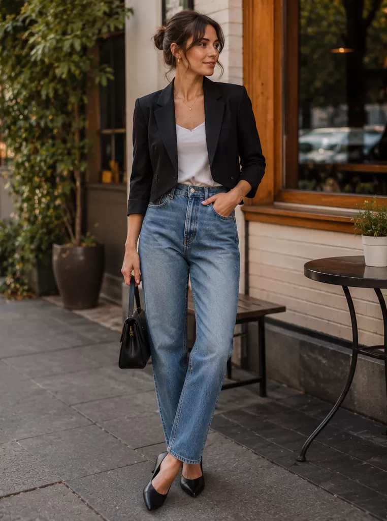 Cropped Blazer + High-Waisted Jeans + Pointed Flats