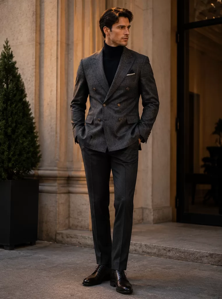 Double-Breasted Blazer + Turtleneck + Tailored Trousers + Dress Shoes