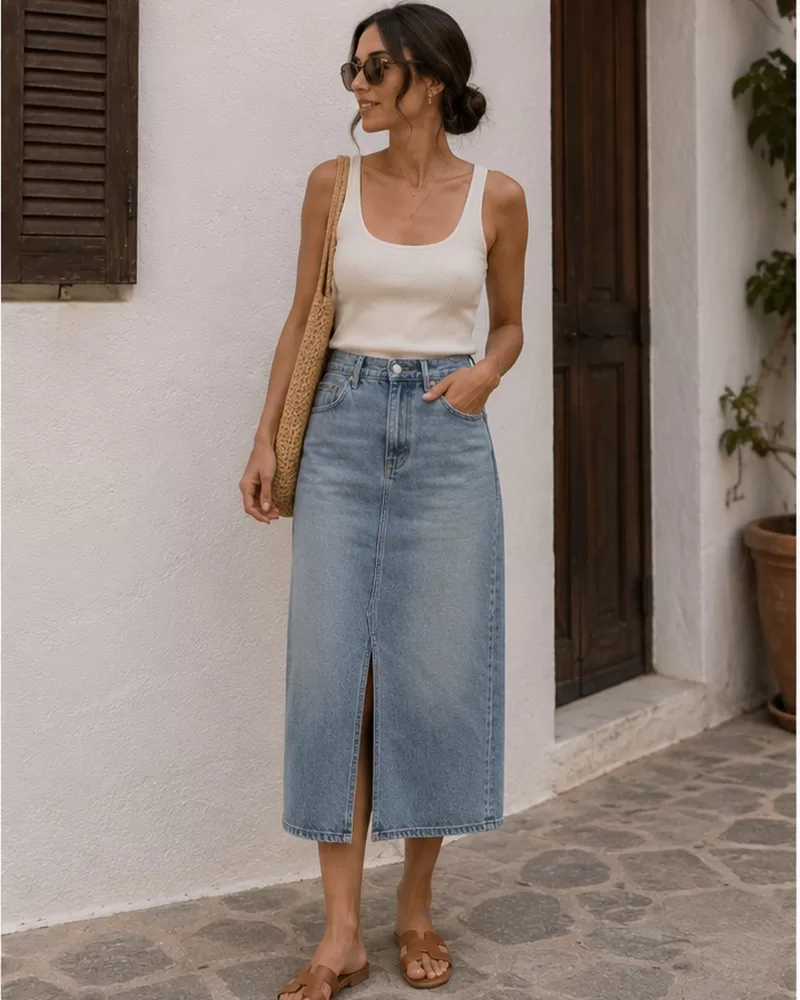 Denim midi skirt with tank top and flat sandals for summer travel outfit