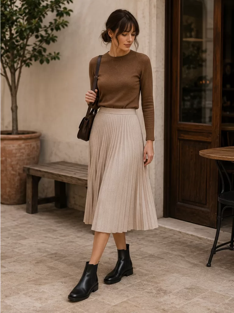 Midi Skirt With Fitted Sweater With Chelsea Boots for travel day outfit