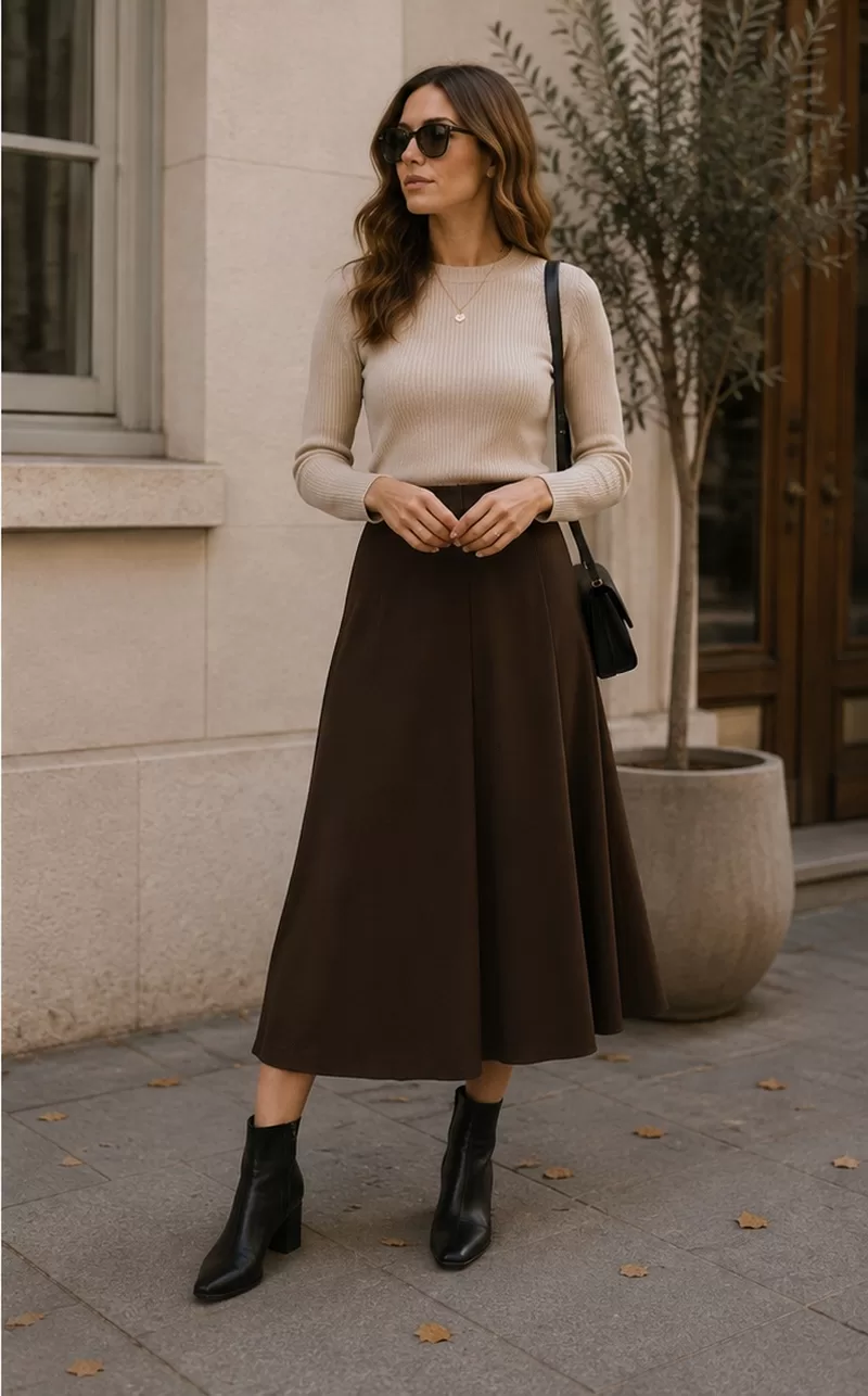 Midi Skirt With Fitted Sweater With Ankle Boots for weekend brunch outfit