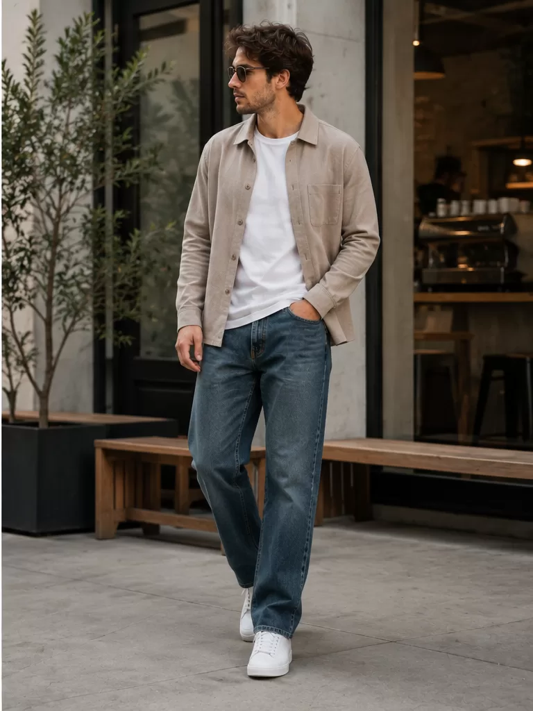 Overshirt With T-Shirt With Straight-Leg Jeans With Sneakers for weekend party outfit