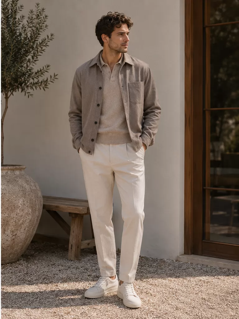 Overshirt With Knit Polo With Trousers With Sneakers for weekend brunch outfit