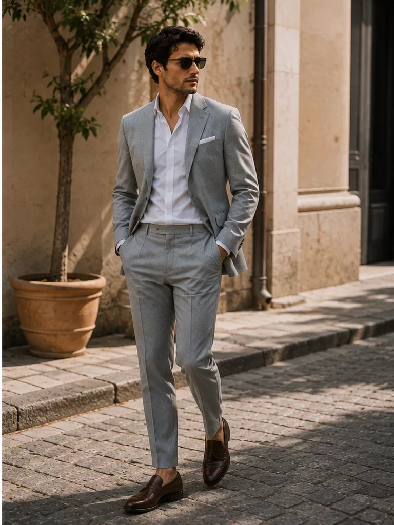 Light Gray Suit With White Shirt With Brown Loafers for spring wedding outfit