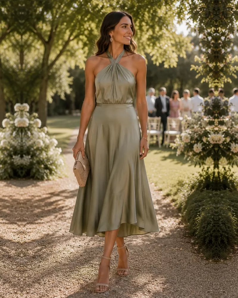 Sage halter midi dress with nude sandals for lawn wedding reception