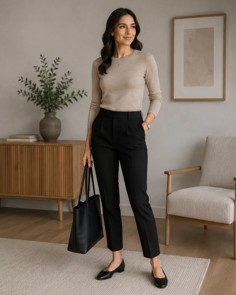 Knit top with ankle trousers and ballet flats for comfortable business casual interview