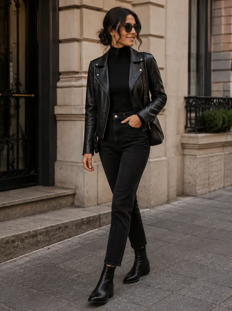 Black jeans with turtleneck and leather jacket with Chelsea boots for city evening outfit