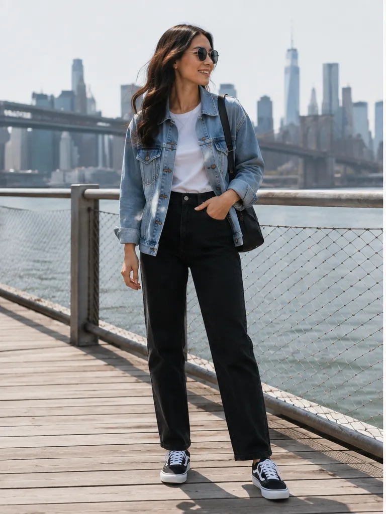 Denim jacket with black jeans and sneakers for travel day outfit