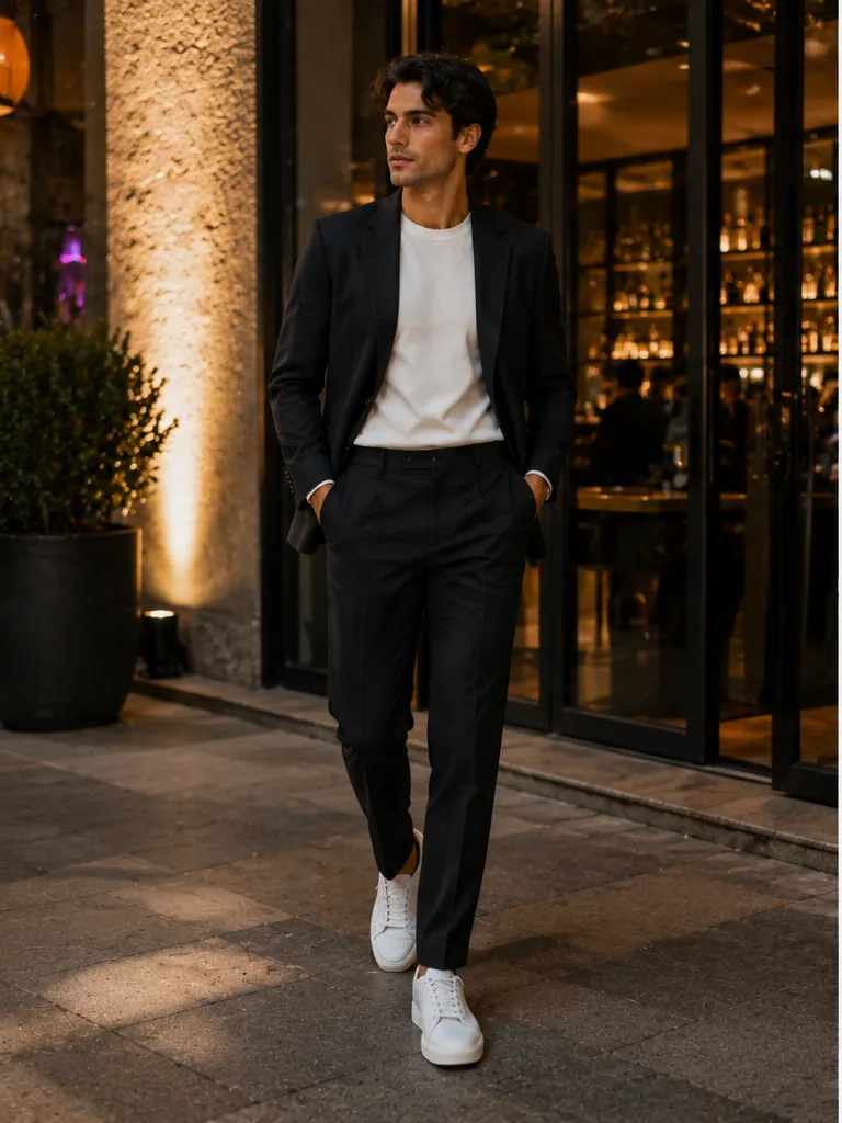 blazer with crewneck t-shirt dark trousers and minimal sneakers for cocktail bar outfit
