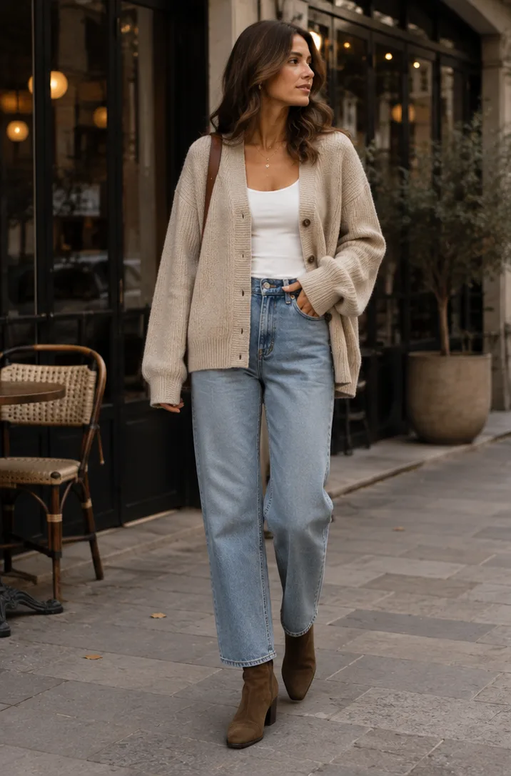 oversized cardigan and tank top and straight-leg jeans and ankle boots for fall-weekend outfit