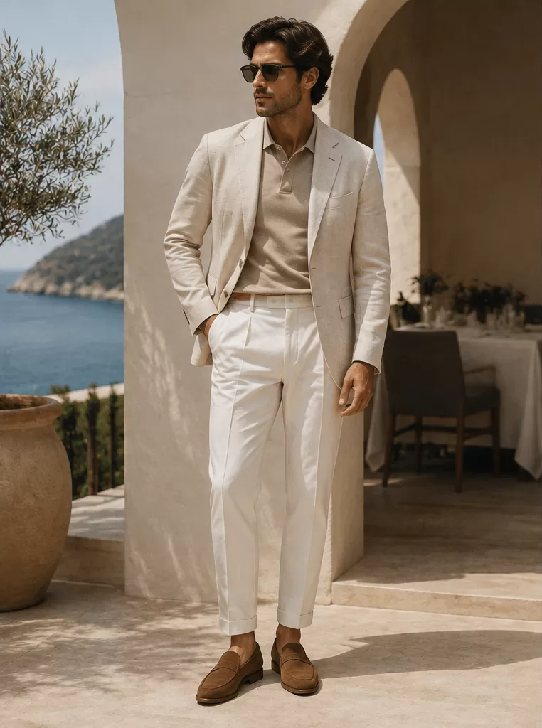 Linen Blazer + Polo Shirt + Chinos + Suede Loafers