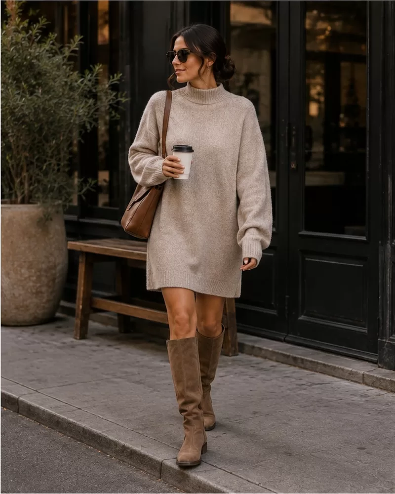 Oversized sweater dress with flat knee-high boots for casual weekend outfit