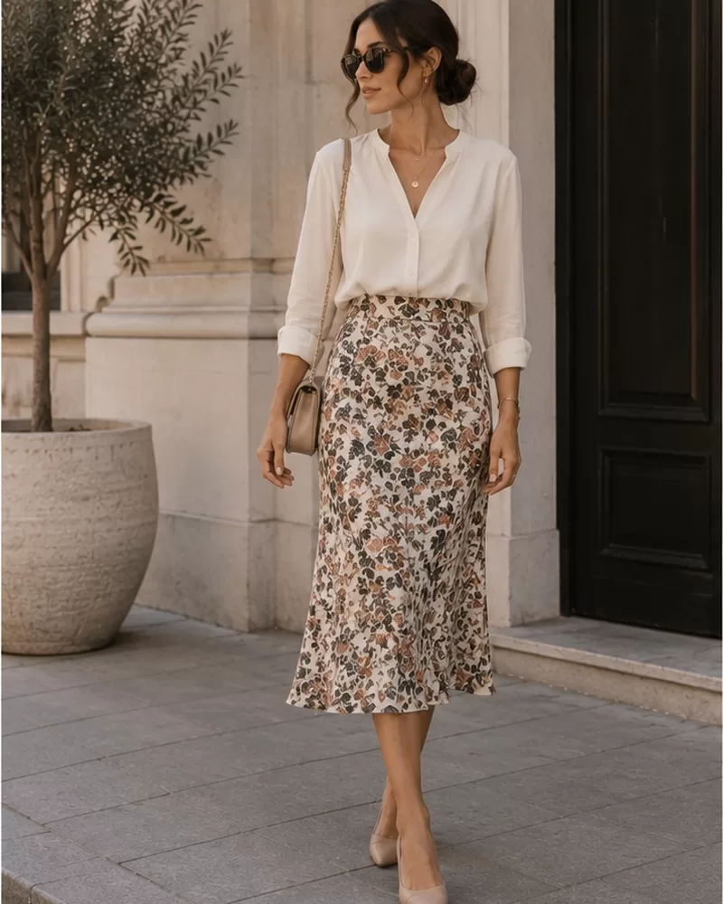 Floral midi skirt with solid blouse and low heels for dinner daytime event outfit