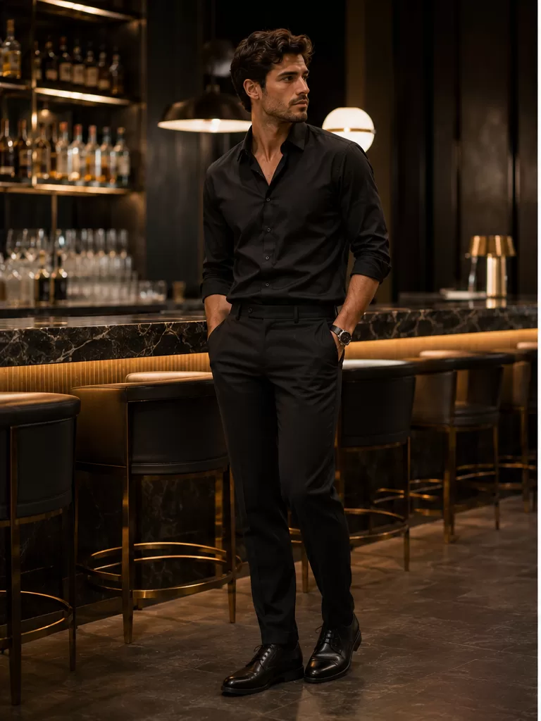 Black Shirt With Tailored Trousers With Leather Shoes for date night outfit