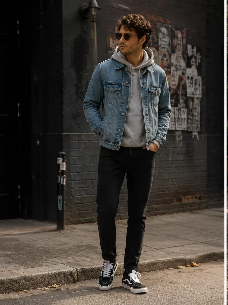 Denim Jacket With Hoodie With Black Jeans With Sneakers for date night outfit