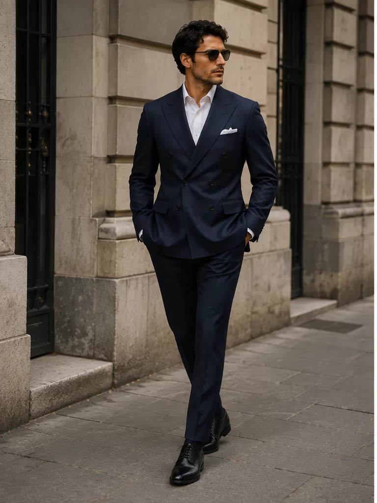 Double-Breasted Navy Suit With White Shirt With Black Oxfords for formal dinner outfit