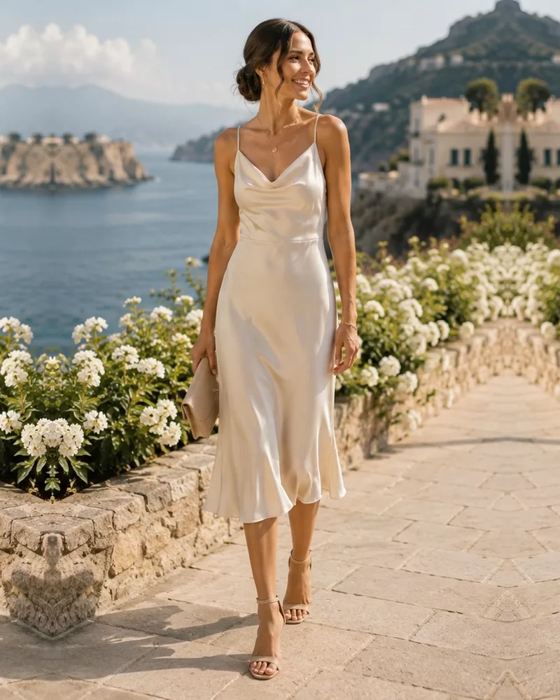 Champagne satin cowl-neck midi dress with nude sandals for destination wedding