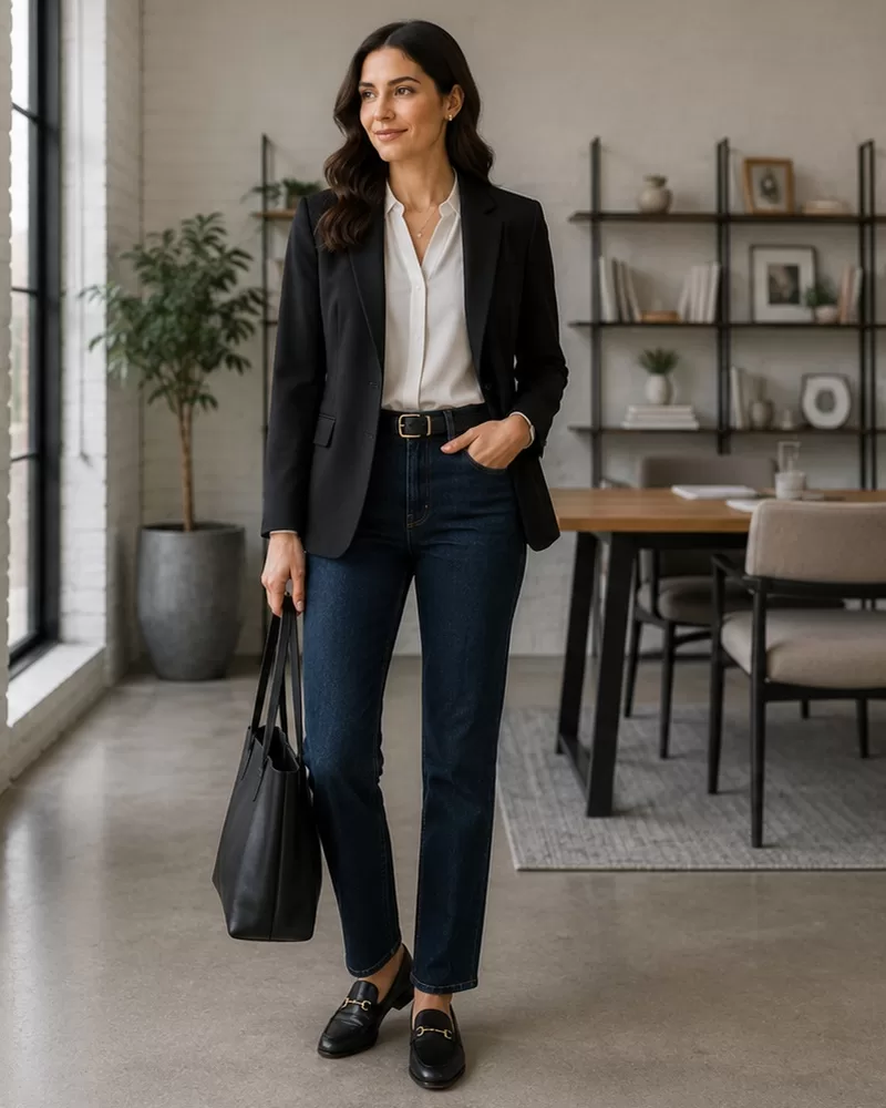 Blouse with dark straight-leg jeans blazer and loafers for startup casual interview