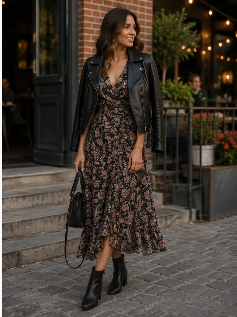 Floral dress with leather jacket and ankle boots for concert outfit