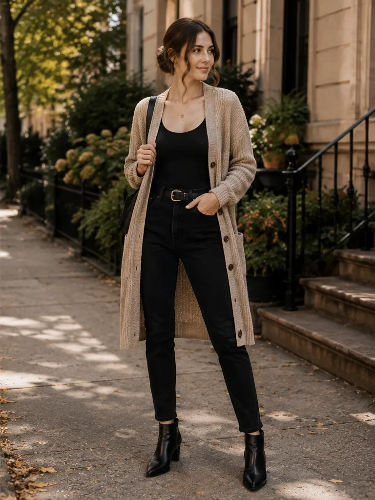 Cardigan with fitted top and black jeans with ankle boots for fall weekend outfit