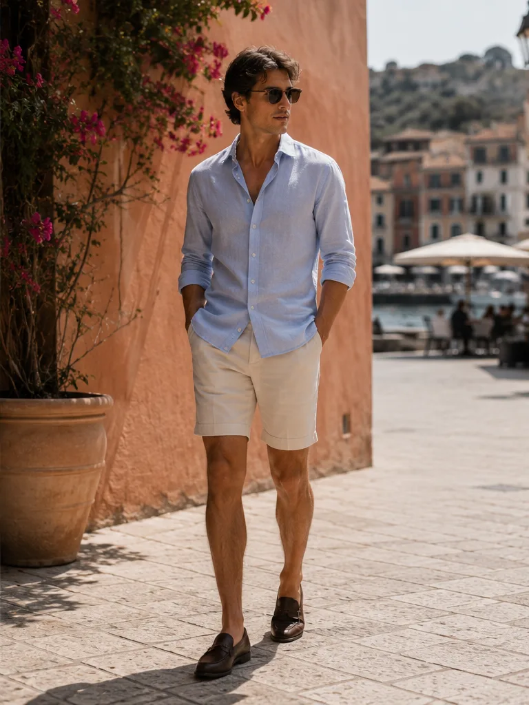 oxford shirt with tailored shorts and loafers for brunch summer outfit
