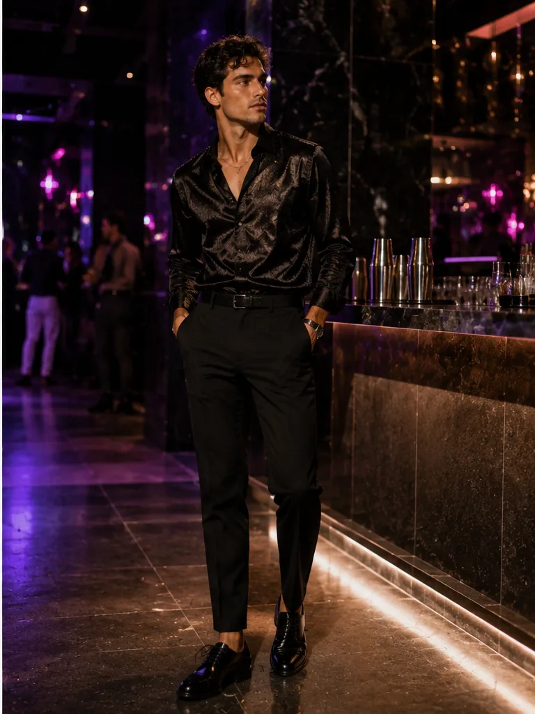 satin shirt with black trousers and leather shoes for club night outfit