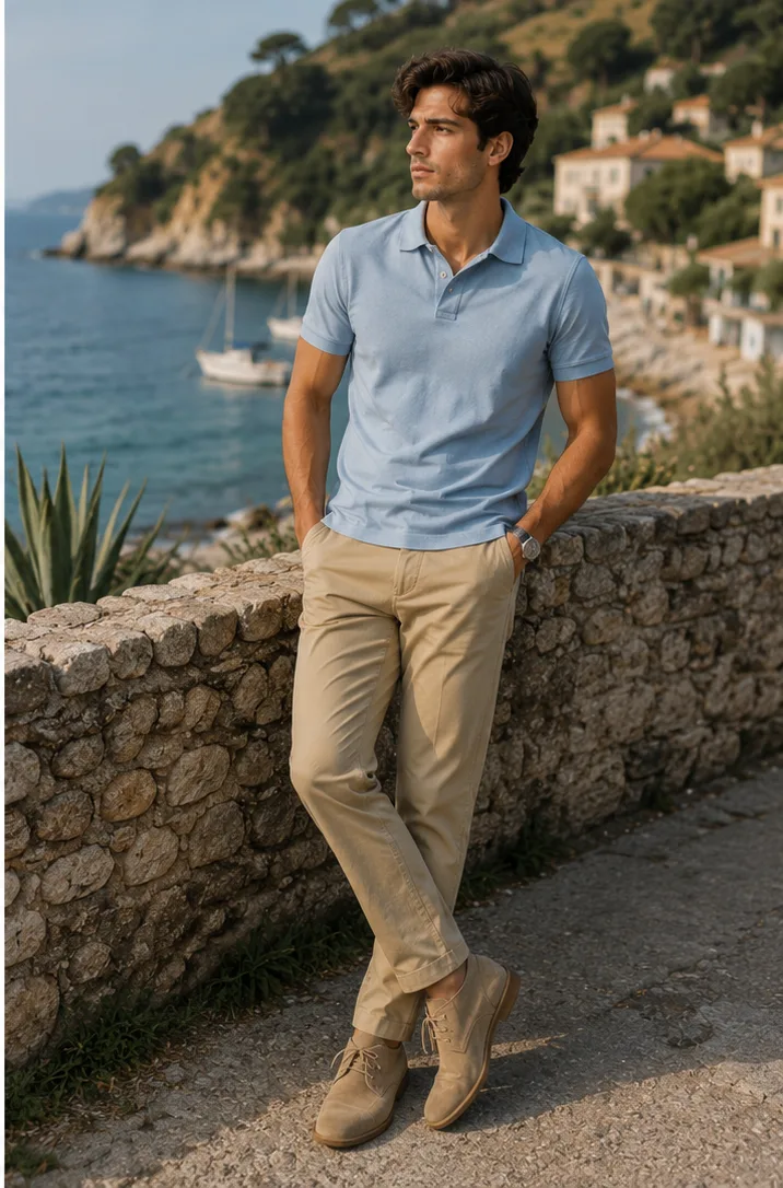 light blue polo and khaki chinos and suede desert boots for daytime outfit