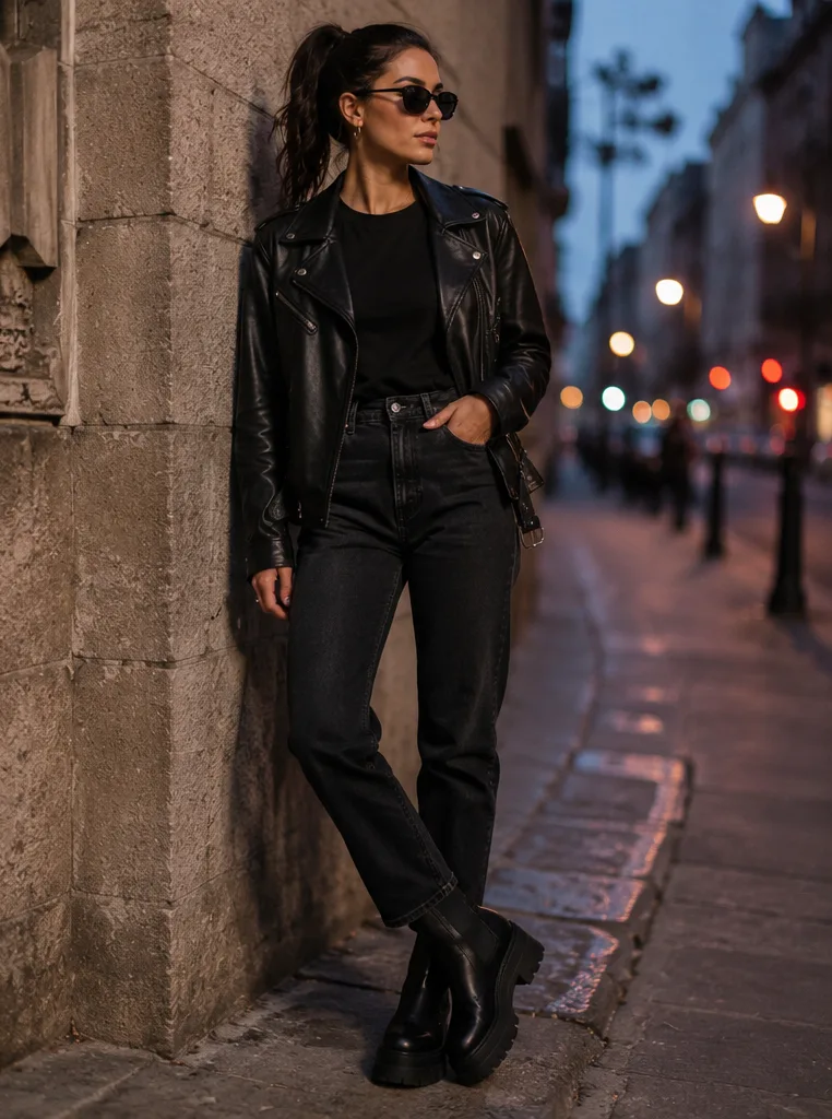 leather jacket and t-shirt and jeans and platform boots for concerts outfit