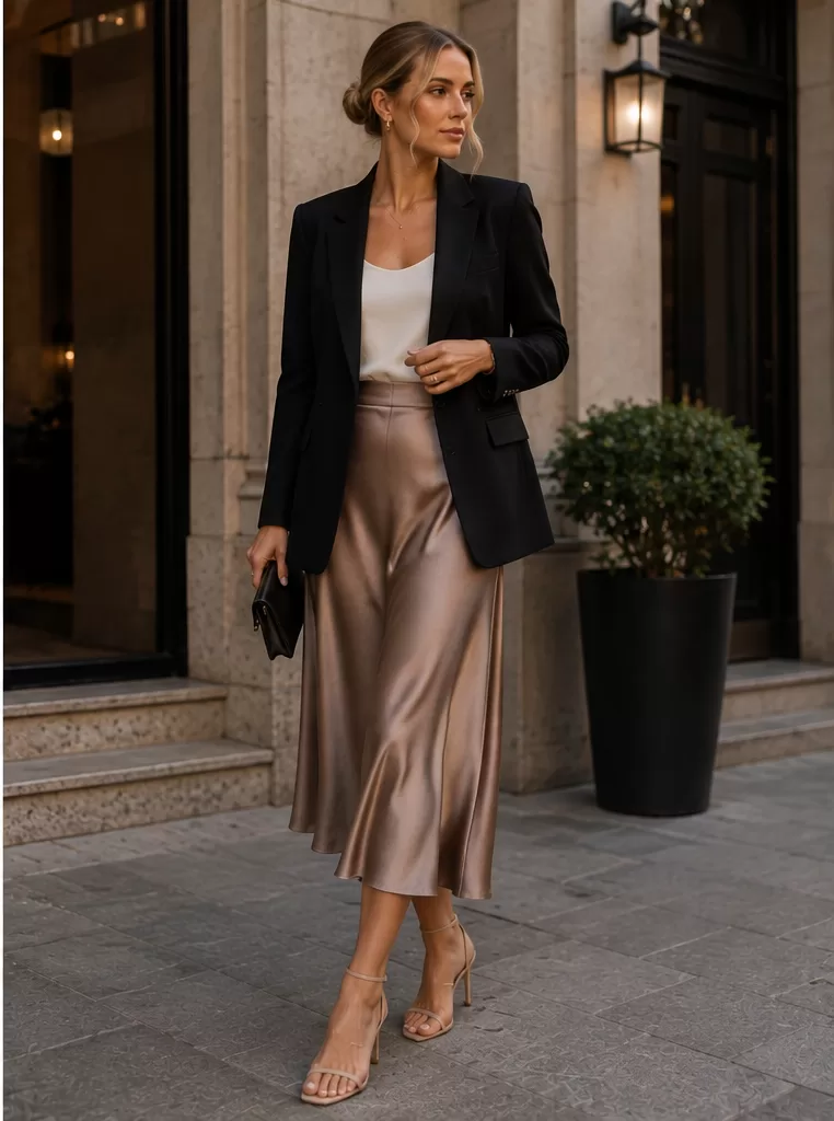 Blazer + Satin Midi Skirt + Simple Tank + Heeled Sandals