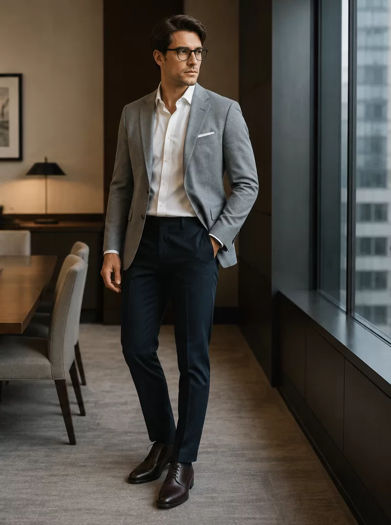Gray Blazer + Oxford Shirt + Dark Chinos + Derby Shoes