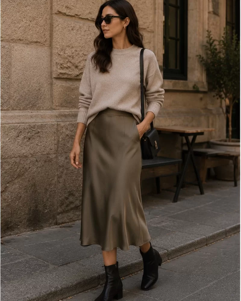 Slip midi skirt with sweater and ankle boots for fall weekend dinner outfit