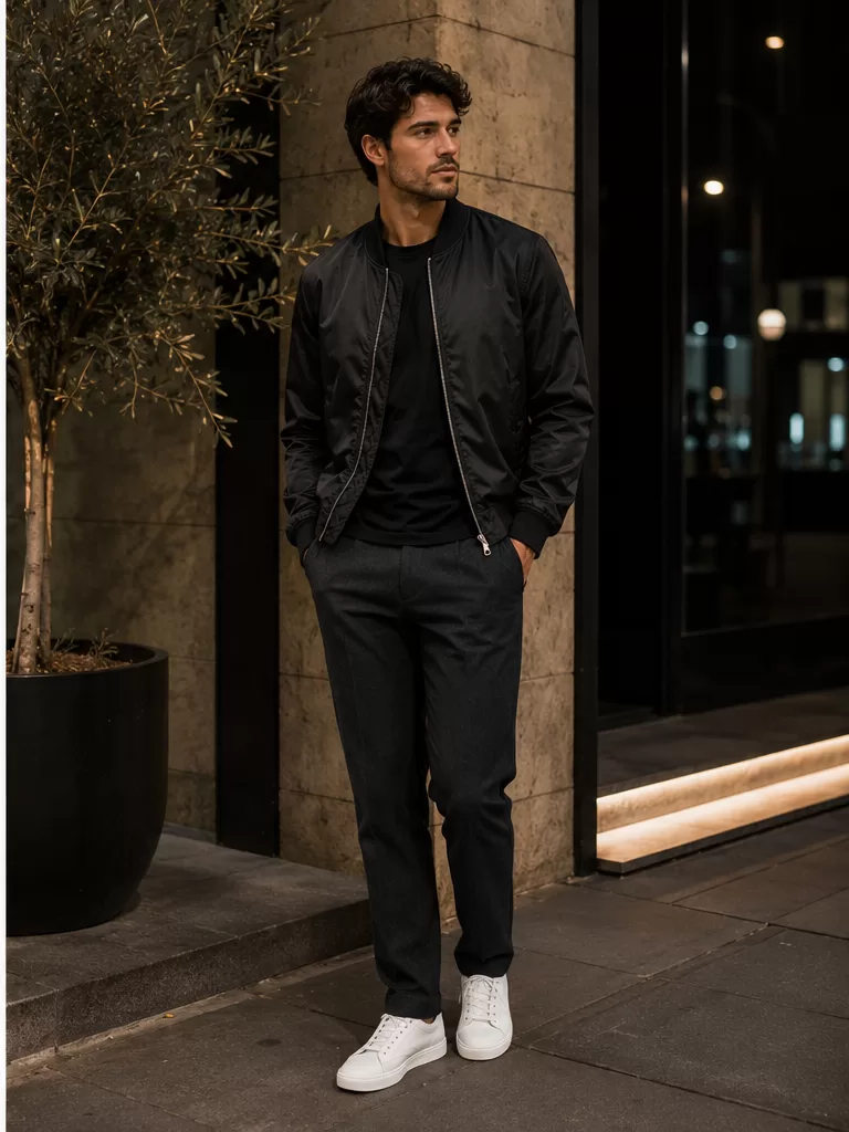 Bomber Jacket With Plain Tee With Dark Trousers With Sneakers for casual night outfit