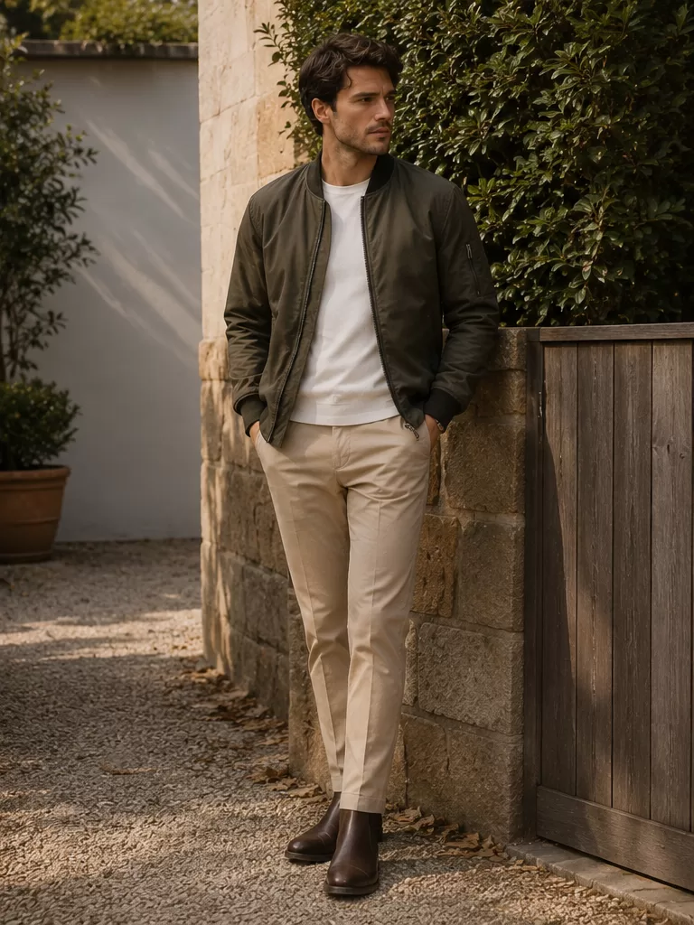 Bomber Jacket With T-Shirt With Chinos With Chelsea Boots for fall weekend outfit