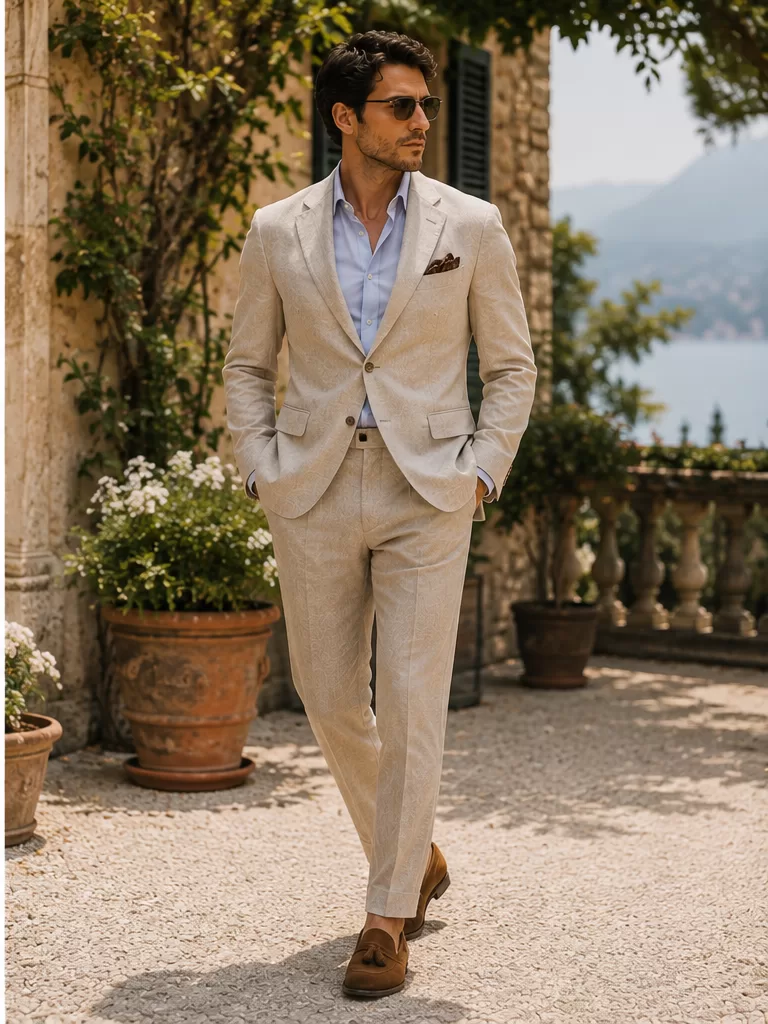 Beige Suit With Light Blue Shirt With Suede Loafers for summer wedding outfit