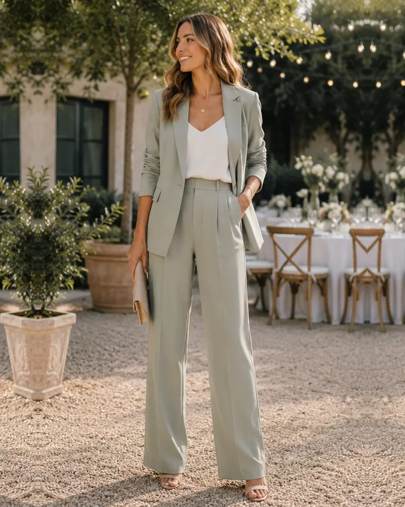 Sage tailored pantsuit with white camisole for modern wedding guest look