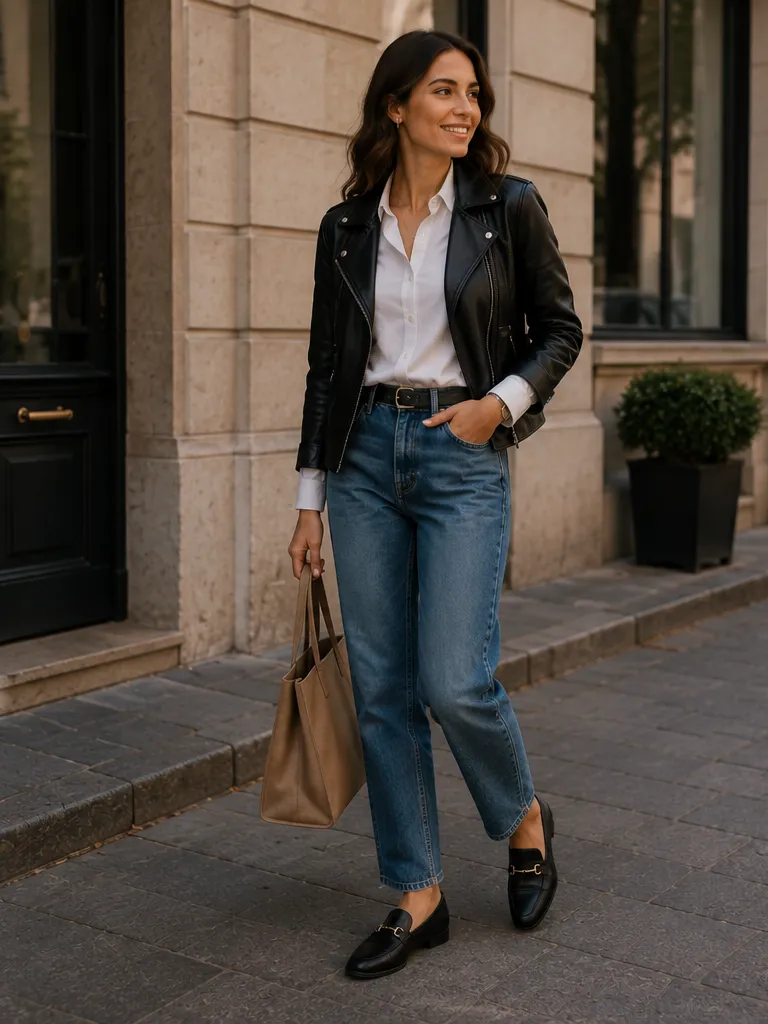 White button-down shirt with blue jeans and leather jacket with loafers for smart casual outfit