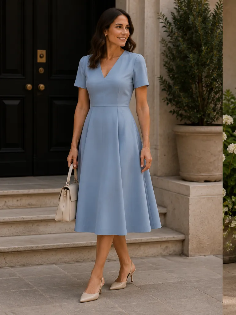 A-line dress with kitten heels and structured bag for family event outfit
