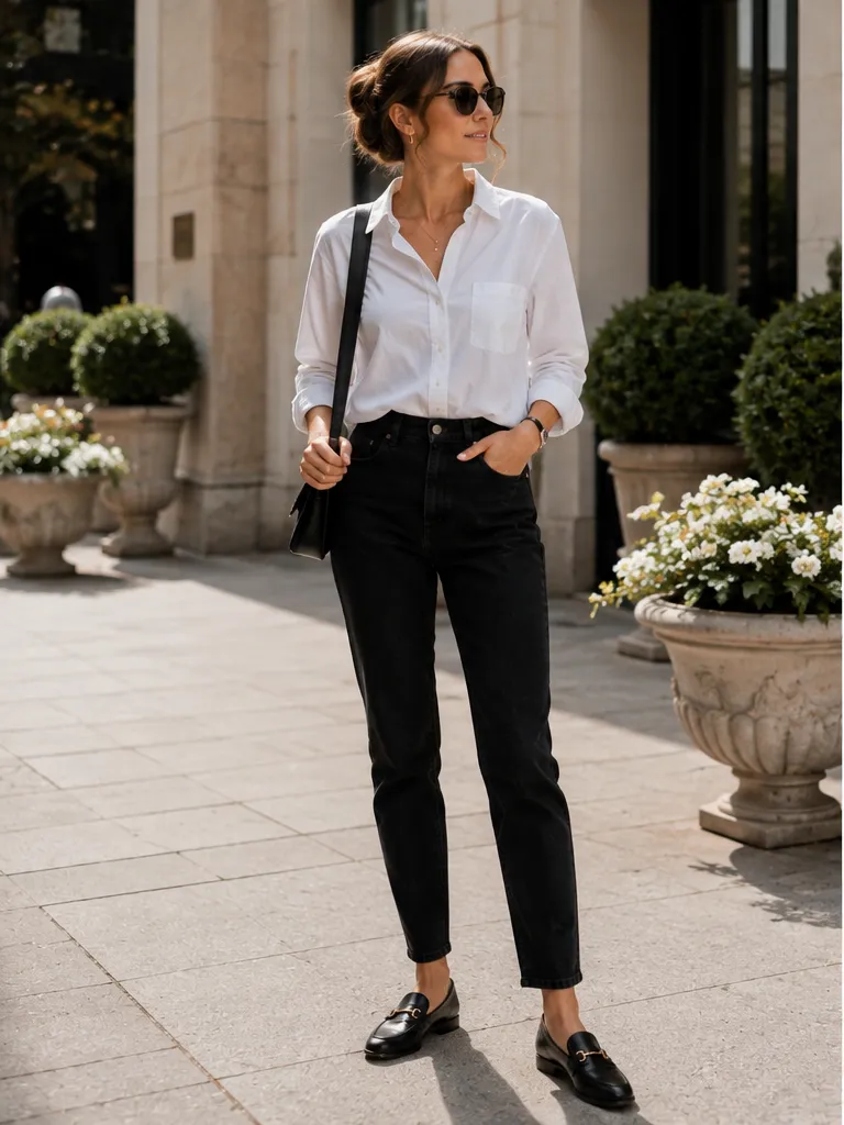 White button-down shirt with black jeans and loafers for office day outfit